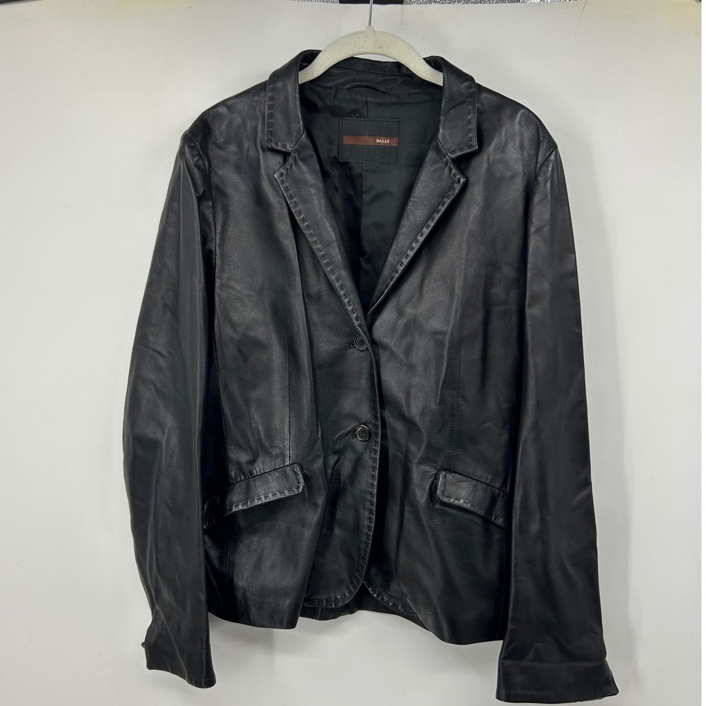 Bally Black Leather Blazer Jacket Made in Italy Size 46 Women Two Button Pockets